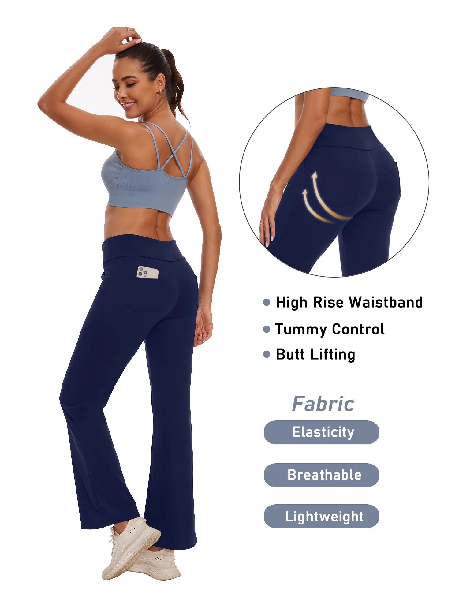 Womens Bootcut Yoga Pants with Pockets Flare Workout Legging High Waist Lightweight Bottoms Activewear Navy Blue XL